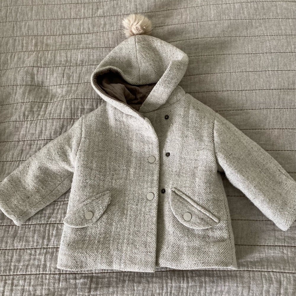 Girls Zara winter double breasted coat with pompom hood